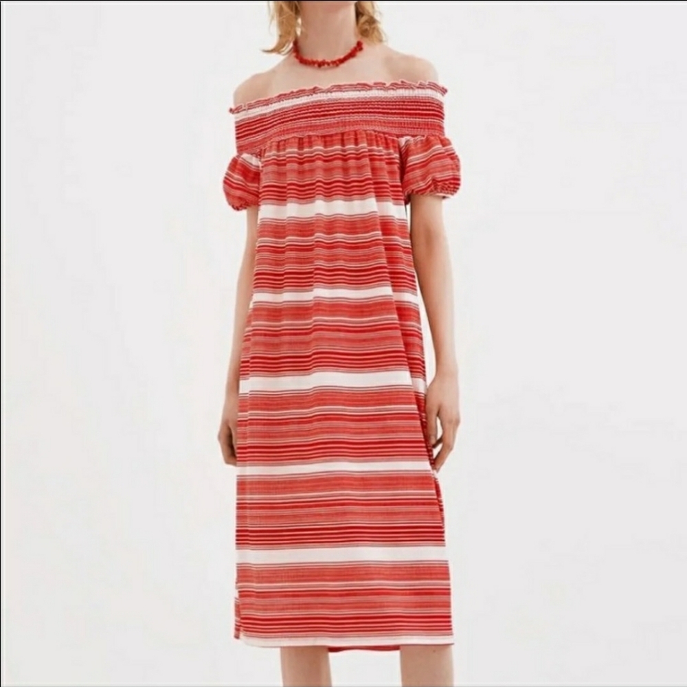 Zara off shoulder smocked midi dress red small